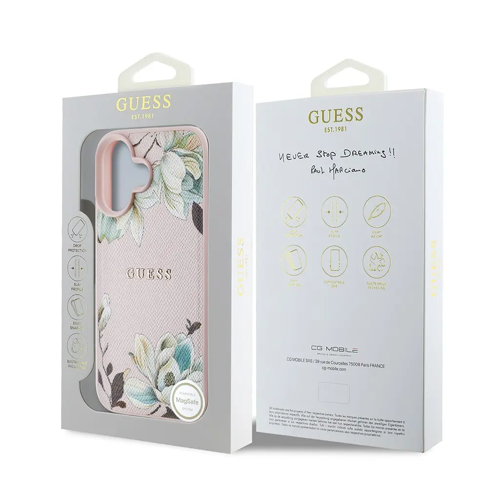 Apple iPhone 16 Kılıf Guess Orjinal Lisanslı M-safe Şarj Özellikli Taneli Çiçek Tasarımlı Metal Yazı Logolu Kapak