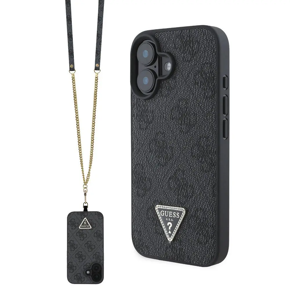 iPhone 16 Taşlı Metal Logolu Çapraz Askılı Kılıf - Guess 4G Desenli