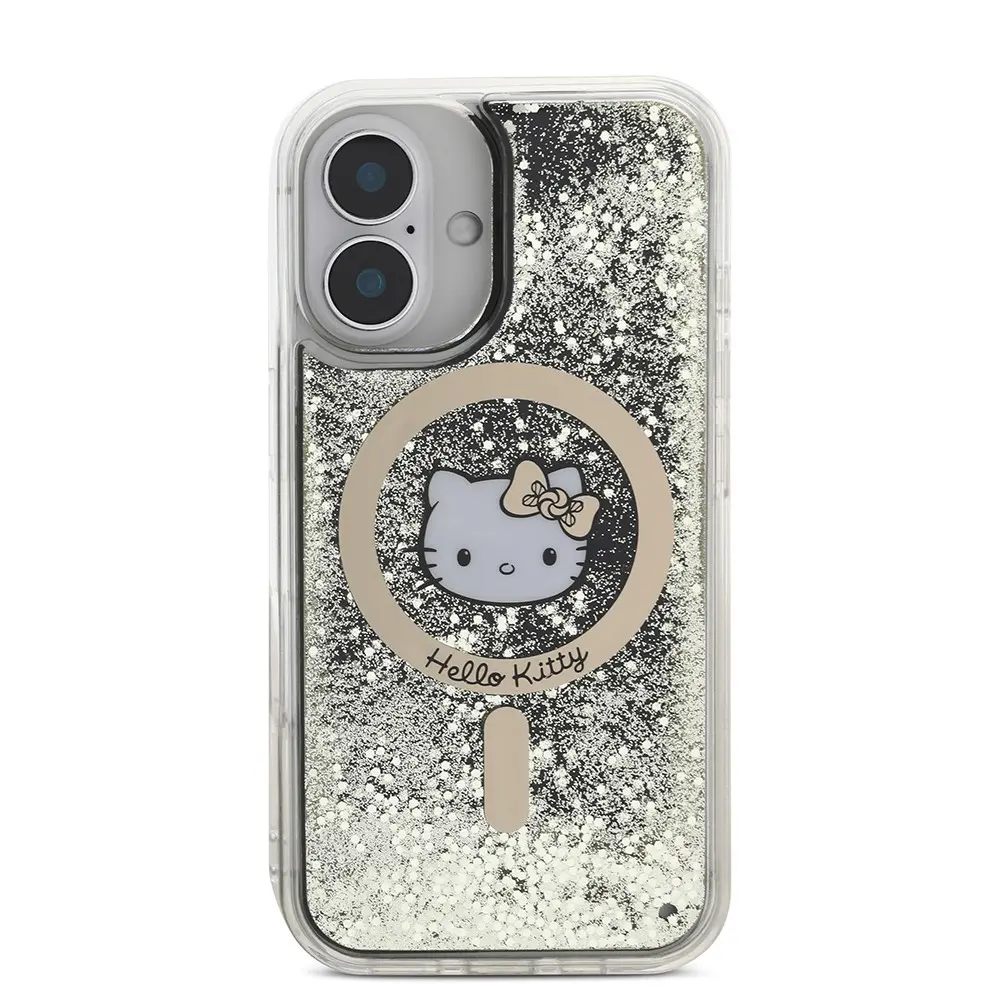 iPhone 16 MagSafe Uyumlu Hello Kitty Lisanslı Kılıf - Sıvılı Simli Altın Ateşi