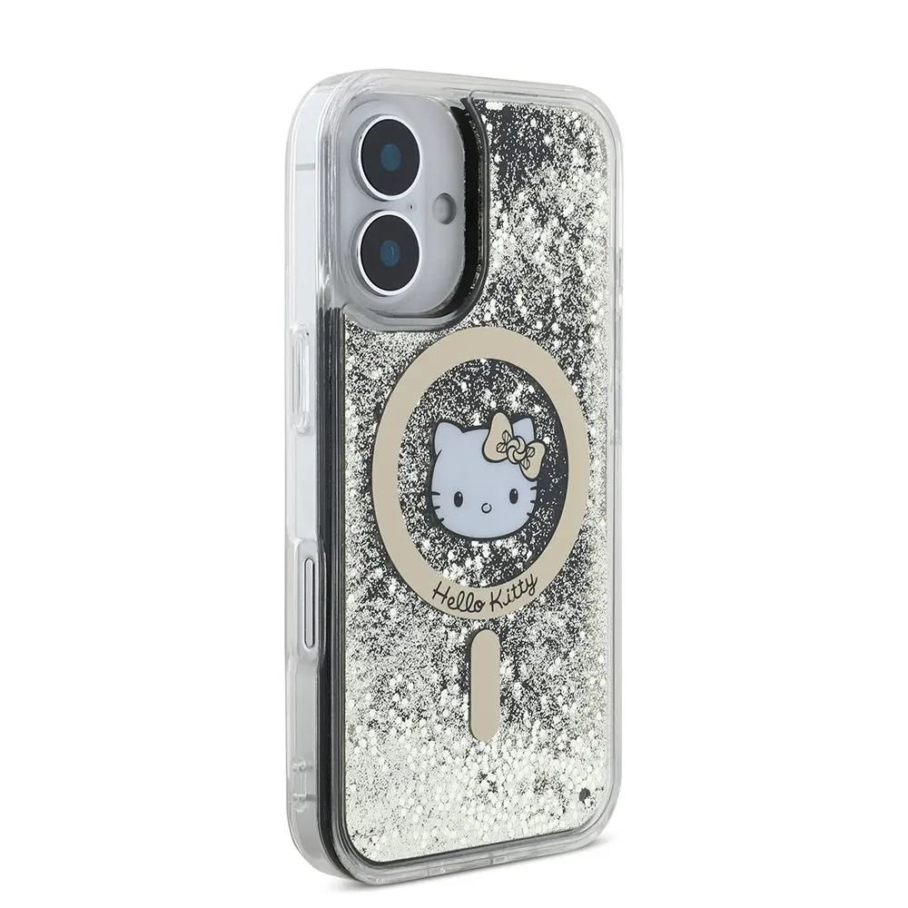 iPhone 16 MagSafe Uyumlu Hello Kitty Lisanslı Kılıf - Sıvılı Simli Altın Ateşi