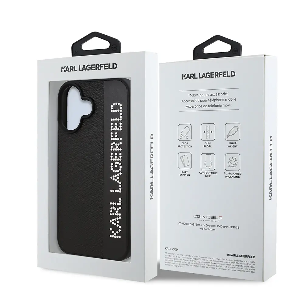 iPhone 16 Taşlı KL Yazılı Saffiano Kılıf - Karl Lagerfeld