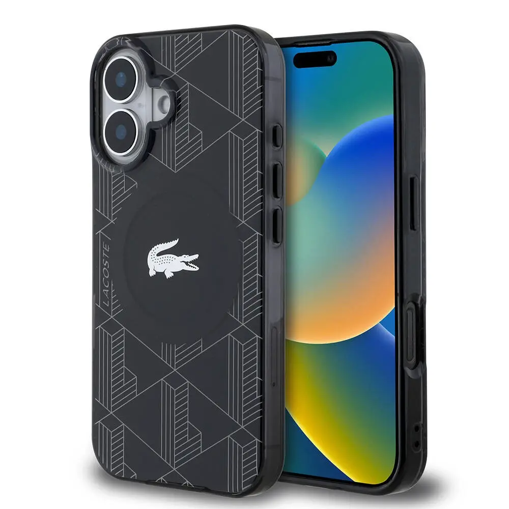 Apple iPhone 16 Kılıf Lacoste Orjinal Lisanslı M-safe Şarj Özellikli IML Baskılı Gümüş Timsah Logolu Monogram Kapak