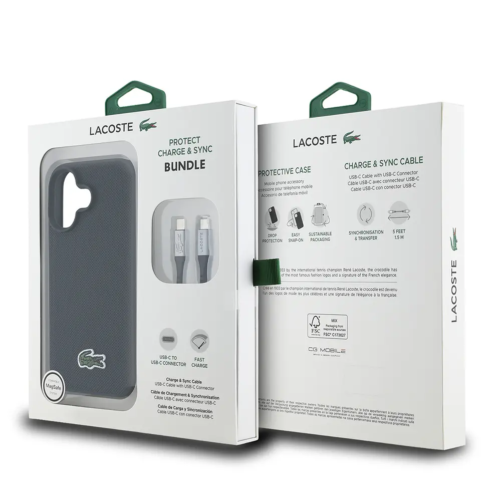 iPhone 16 Uyumlu Lacoste Lisanslı PU Pike Desenli Kılıf + Type-C Kablo