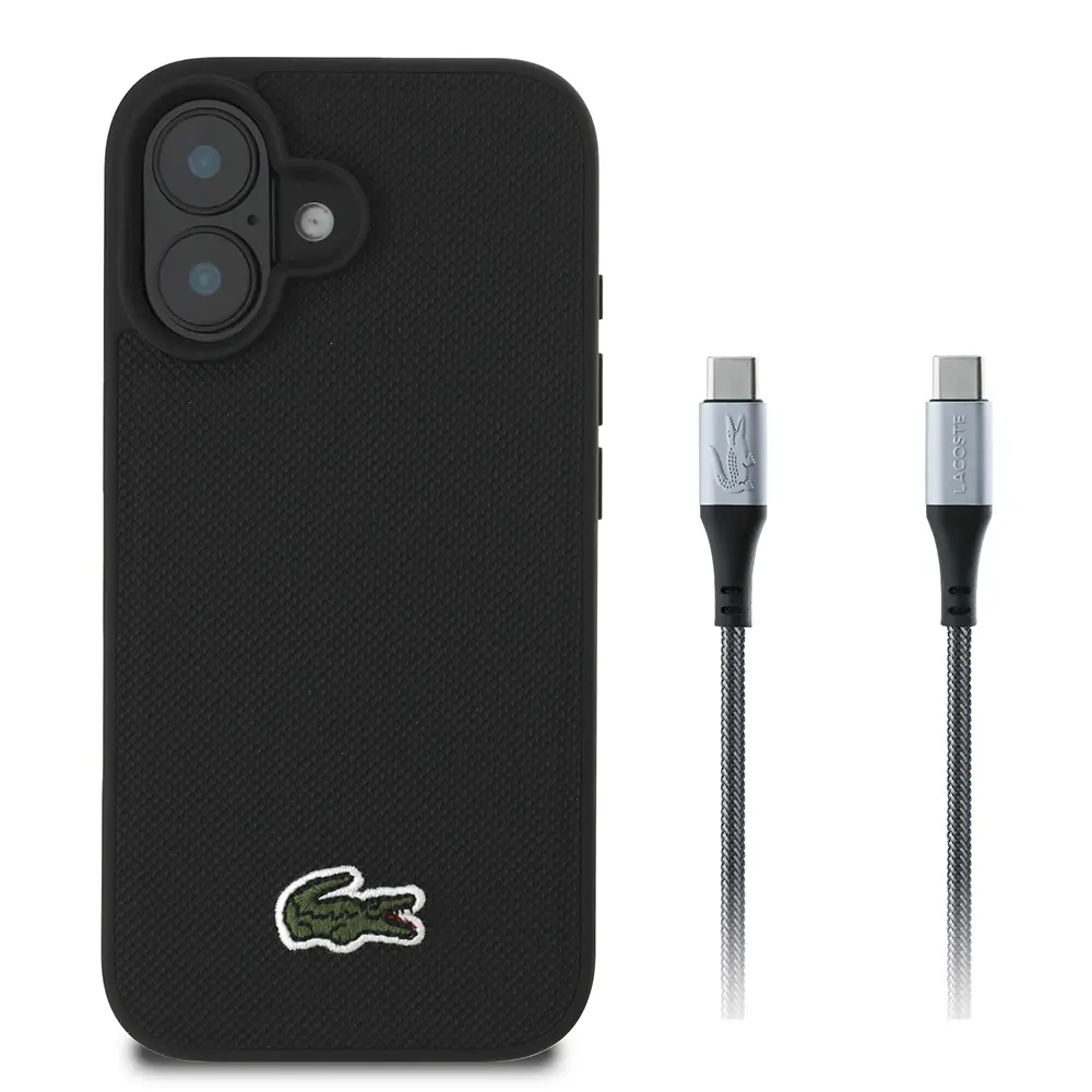 iPhone 16 Uyumlu Lacoste Lisanslı PU Pike Desenli Kılıf + Type-C Kablo