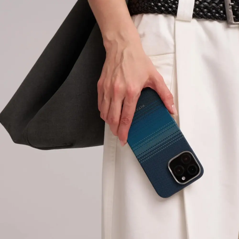 Apple iPhone 16 Kılıf M-safe Şarj Özellikli Aramid Karbon Fiber Pitaka Tactile Woven Sunset-Moonrise Serisi Moonrise Kapak