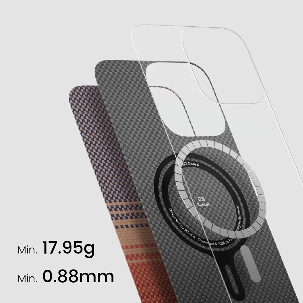 Apple iPhone 16 Kılıf M-safe Şarj Özellikli Aramid Karbon Fiber Pitaka Tactile Woven Sunset-Moonrise Serisi Sunset Kapak