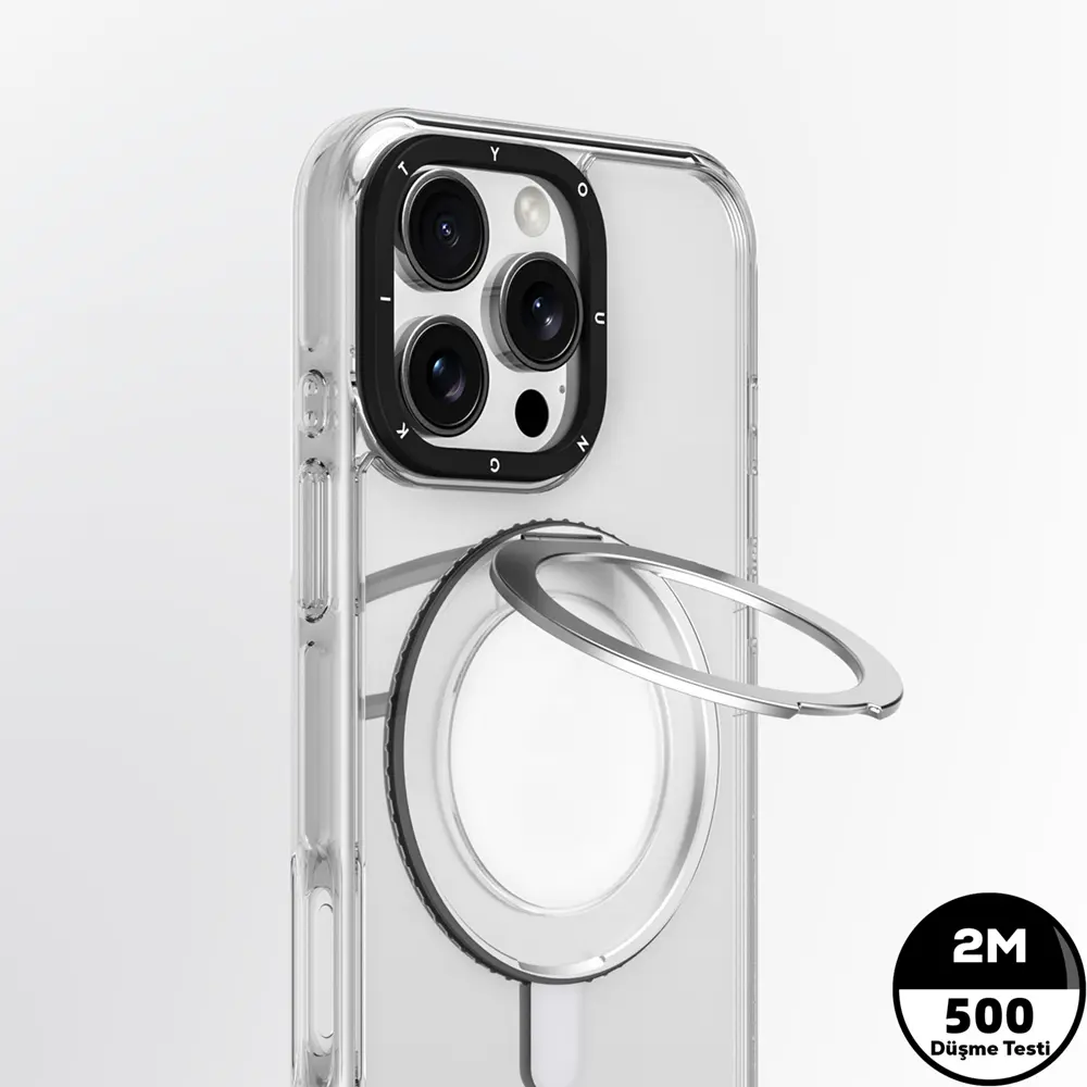 iPhone 16 MagSafe Uyumlu Şeffaf Kılıf, Parmak Ring Standlı - Youngkit Pivot
