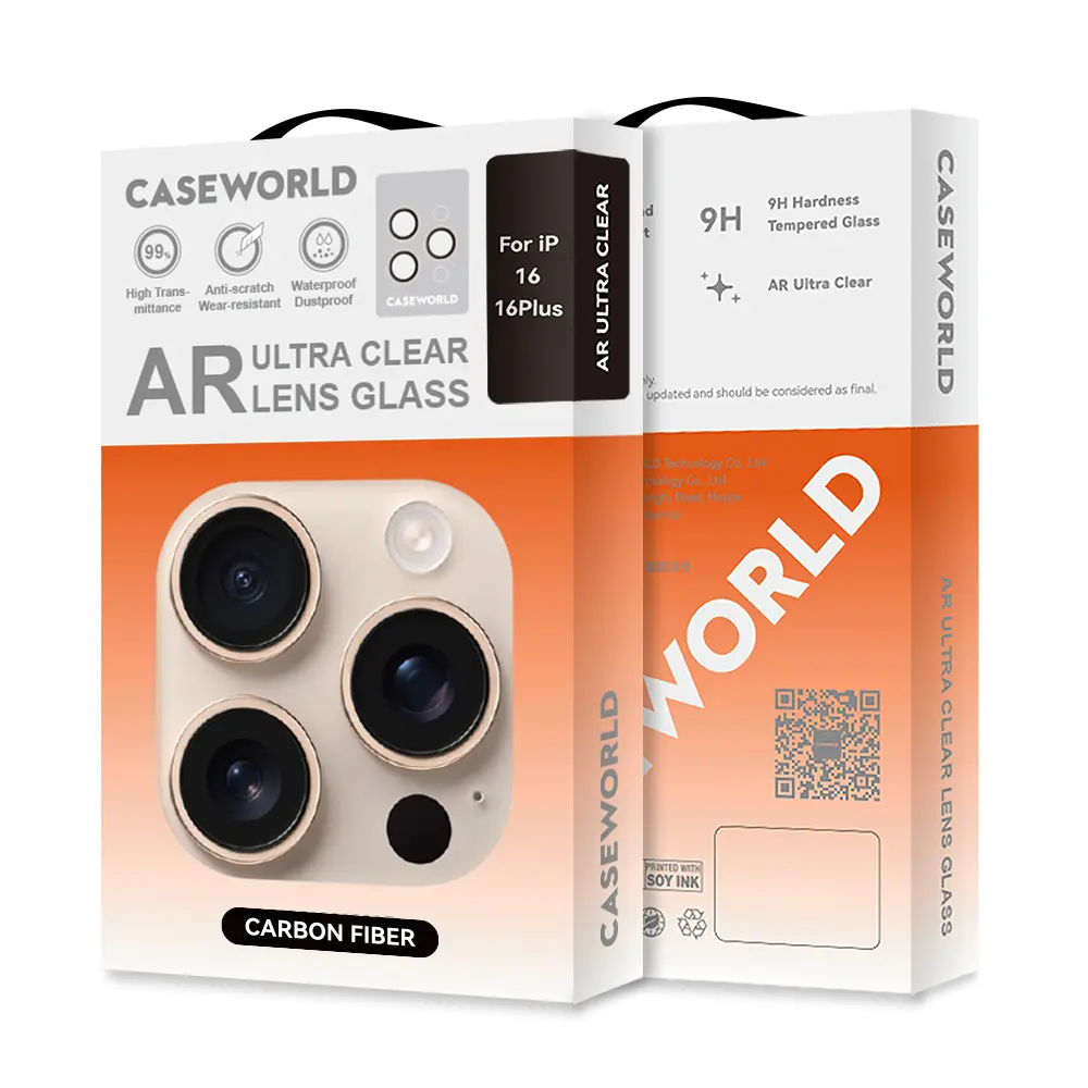 iPhone 16 Plus Kamera Lens Koruyucu, 9H Temperli Cam - CaseWorld Karbon Fiber Serisi