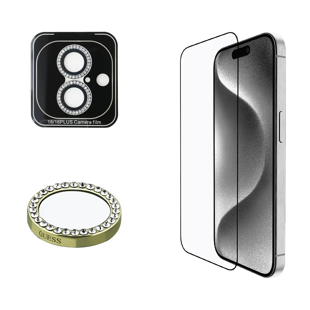 iPhone 16 Plus Rhinestone Ekran ve Lens Koruyucu Seti - Guess