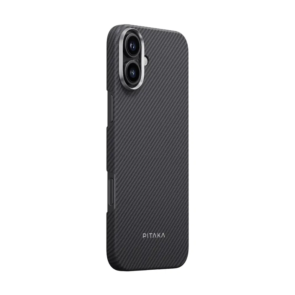 Apple iPhone 16 Plus Kılıf M-safe Şarj Özellikli 600D Aramid Karbon Fiber Pitaka Ultra-Slim Classic Serisi Black-Grey Twill Kapak