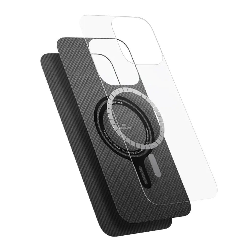 Apple iPhone 16 Plus Kılıf M-safe Şarj Özellikli 600D Aramid Karbon Fiber Pitaka Ultra-Slim Classic Serisi Black-Grey Twill Kapak