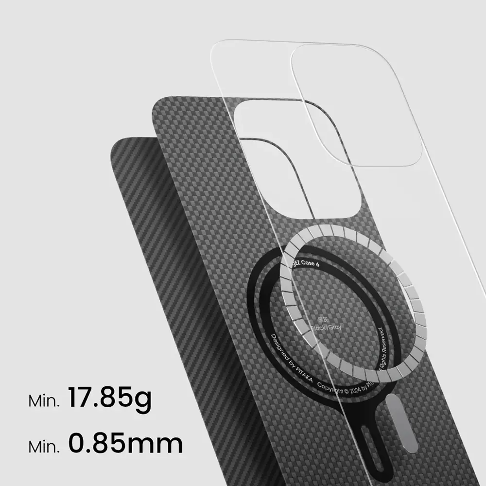 Apple iPhone 16 Plus Kılıf M-safe Şarj Özellikli 600D Aramid Karbon Fiber Pitaka Ultra-Slim Classic Serisi Black-Grey Twill Kapak