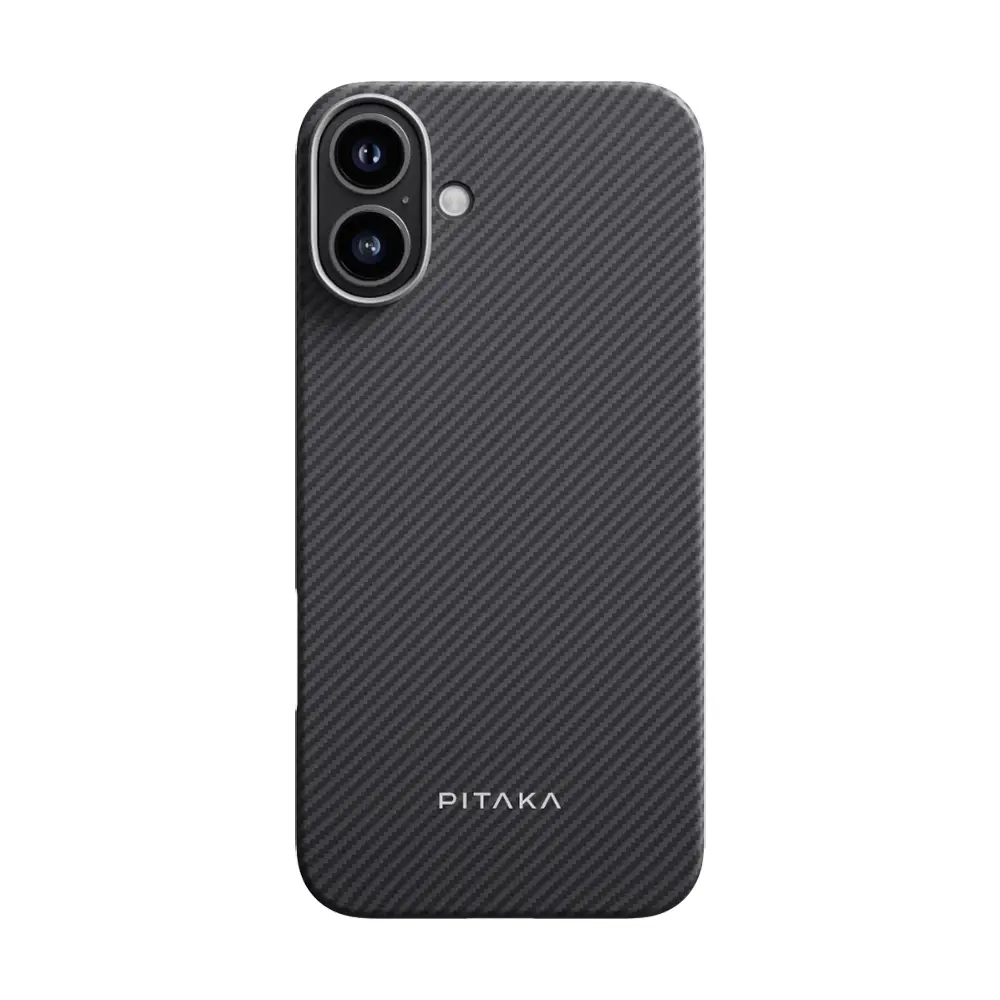 Apple iPhone 16 Plus Kılıf M-safe Şarj Özellikli 600D Aramid Karbon Fiber Pitaka Ultra-Slim Classic Serisi Black-Grey Twill Kapak