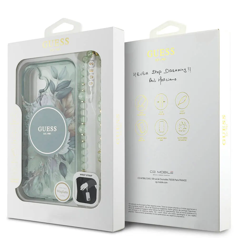 iPhone 16 Plus MagSafe Uyumlu Çiçek Desenli Kılıf - Guess İnci Bileklikli