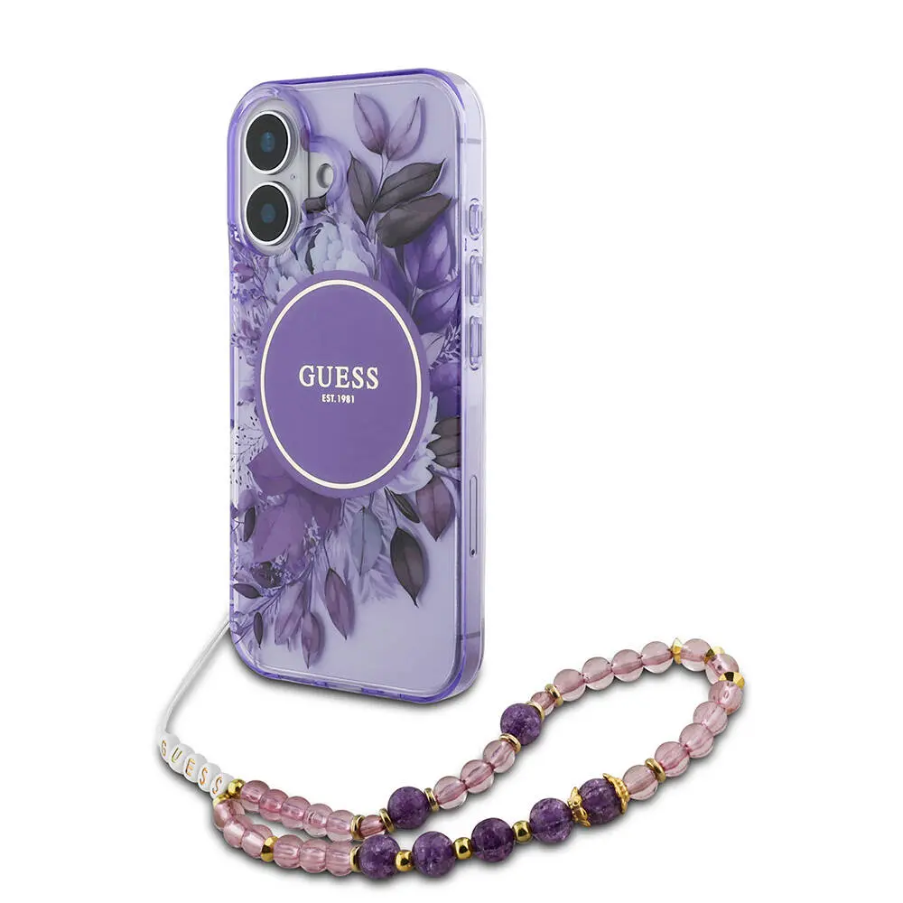 iPhone 16 Plus MagSafe Uyumlu Çiçek Desenli Kılıf - Guess İnci Bileklikli