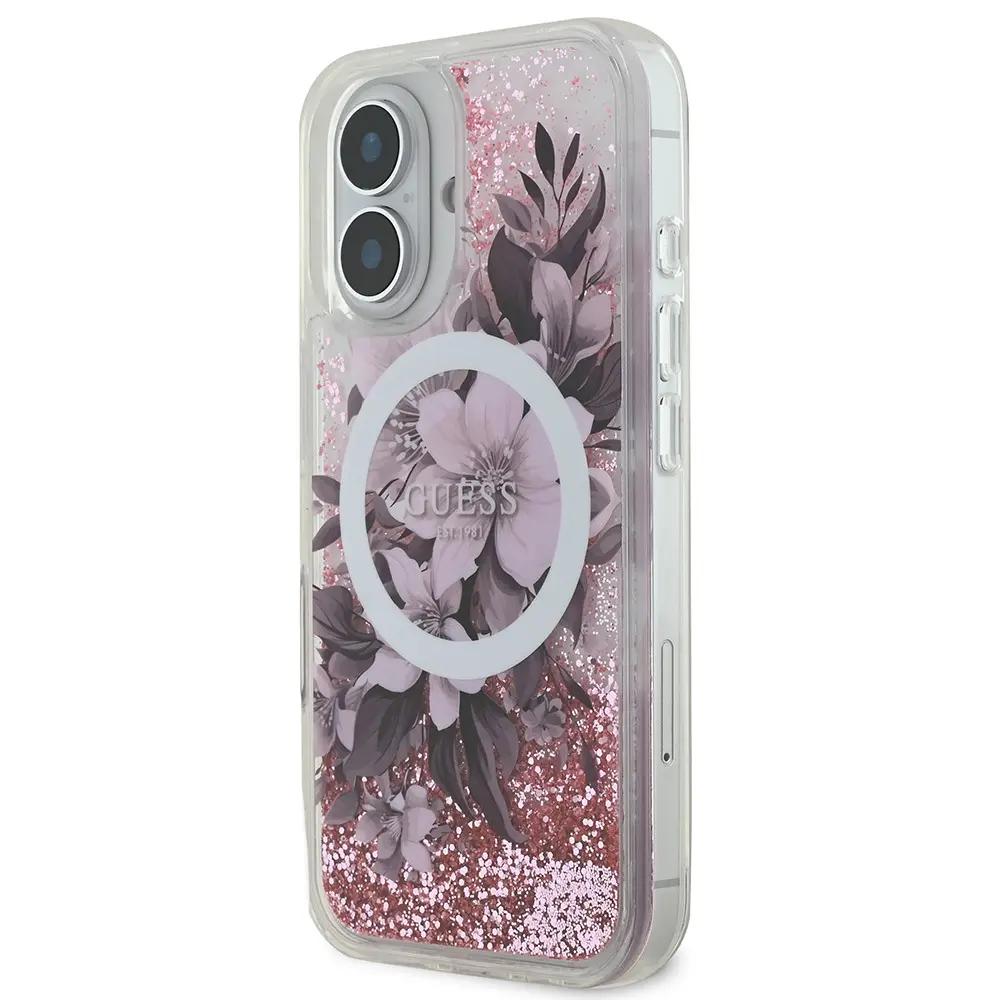 iPhone 16 Plus MagSafe Uyumlu Simli Çiçek Desenli Kılıf - Guess
