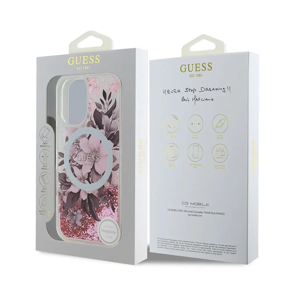 iPhone 16 Plus MagSafe Uyumlu Simli Çiçek Desenli Kılıf - Guess