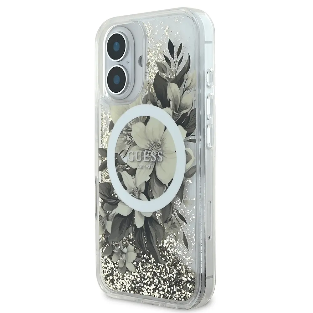 iPhone 16 Plus MagSafe Uyumlu Simli Çiçek Desenli Kılıf - Guess