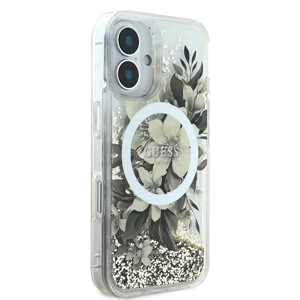 iPhone 16 Plus MagSafe Uyumlu Simli Çiçek Desenli Kılıf - Guess