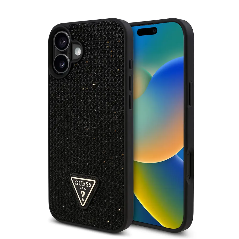 iPhone 16 Plus Taşlı Arka Yüzey Üçgen Logolu Kılıf - Guess