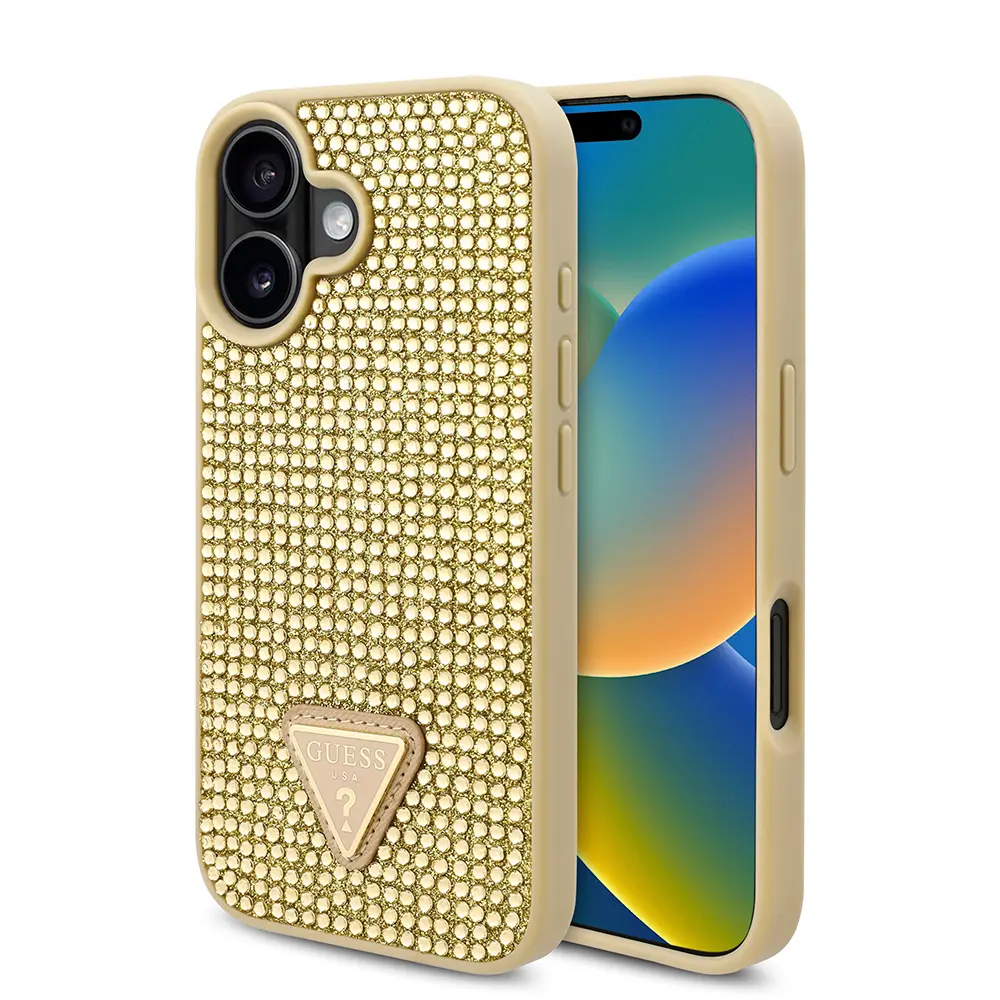 iPhone 16 Plus Taşlı Arka Yüzey Üçgen Logolu Kılıf - Guess