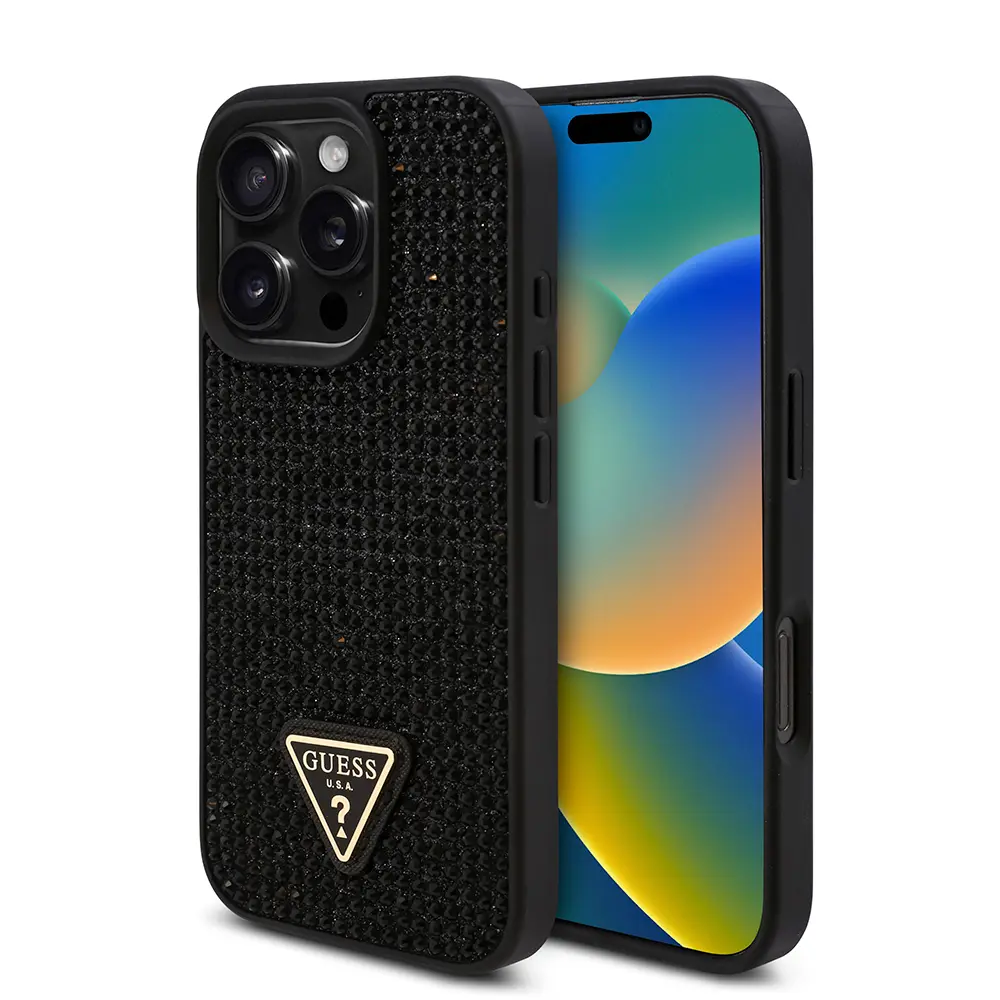 iPhone 16 Pro Taşlı Arka Yüzey Üçgen Logolu Kılıf - Guess