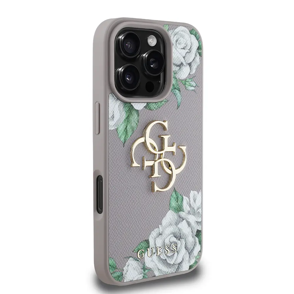 iPhone 16 Pro Gül Baskılı Metal Logo Kılıf - Guess Lisanslı