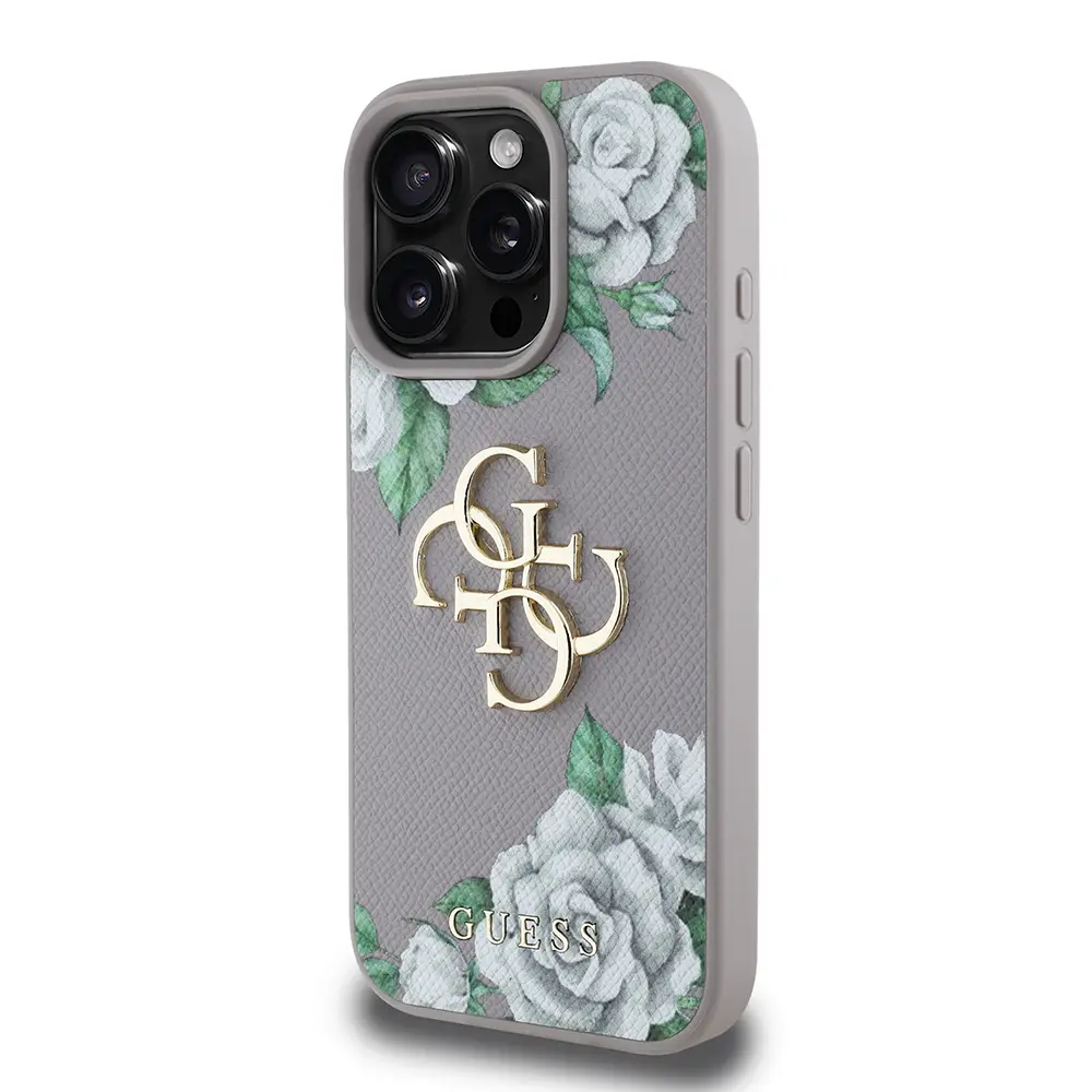 iPhone 16 Pro Gül Baskılı Metal Logo Kılıf - Guess Lisanslı