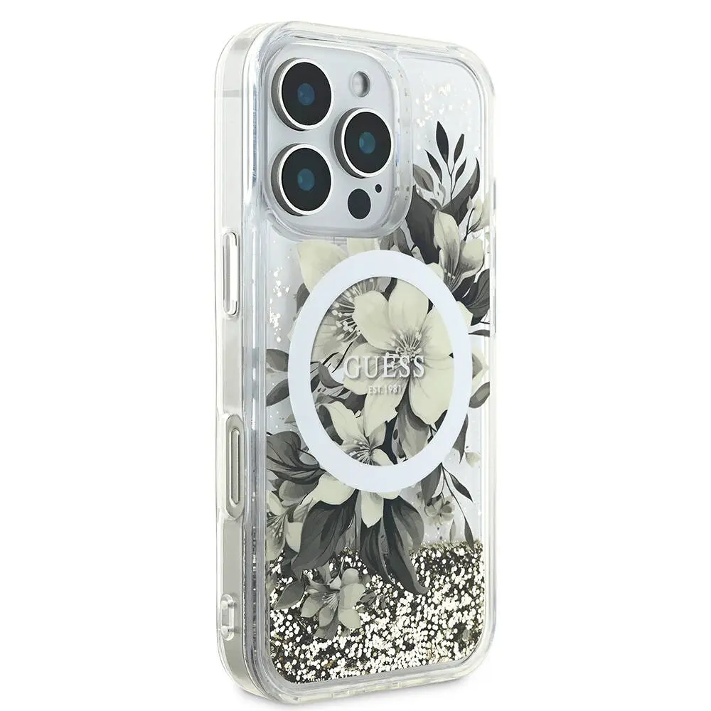 iPhone 16 Pro MagSafe Uyumlu Simli Çiçek Desenli Kılıf - Guess
