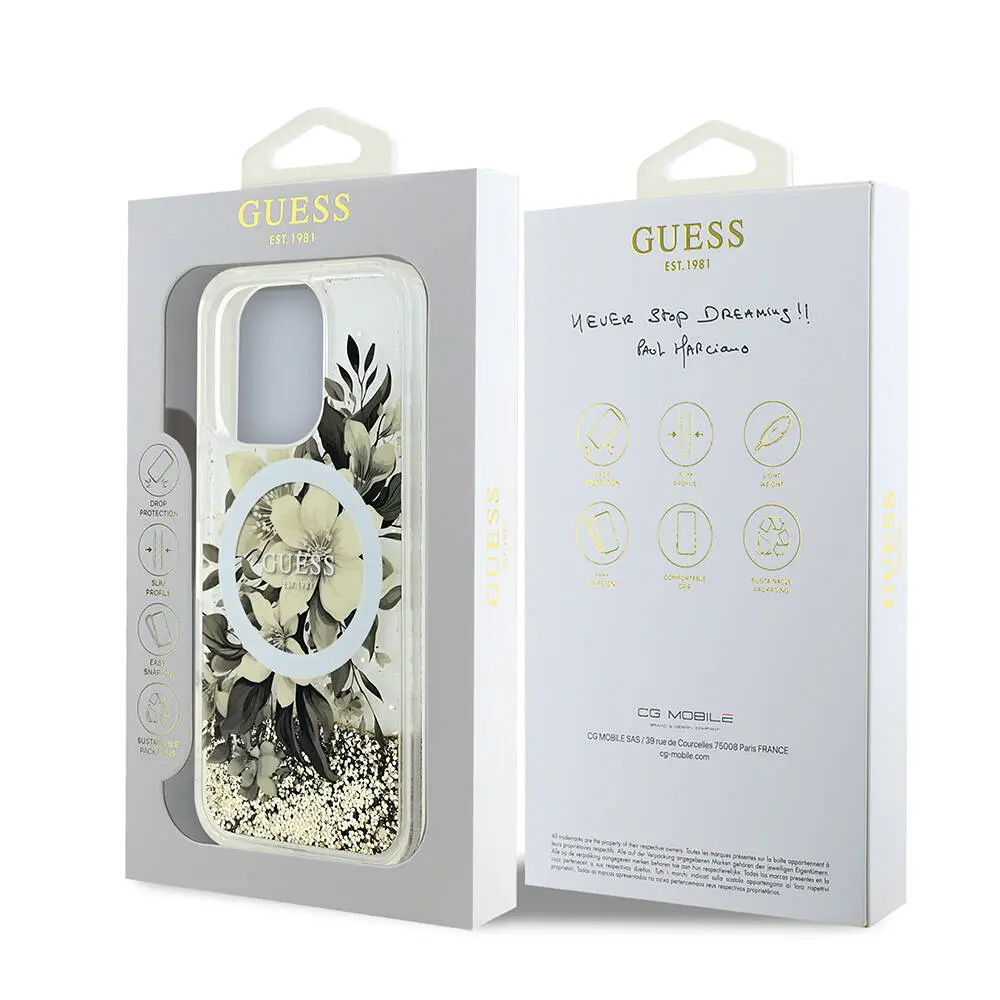 iPhone 16 Pro MagSafe Uyumlu Simli Çiçek Desenli Kılıf - Guess