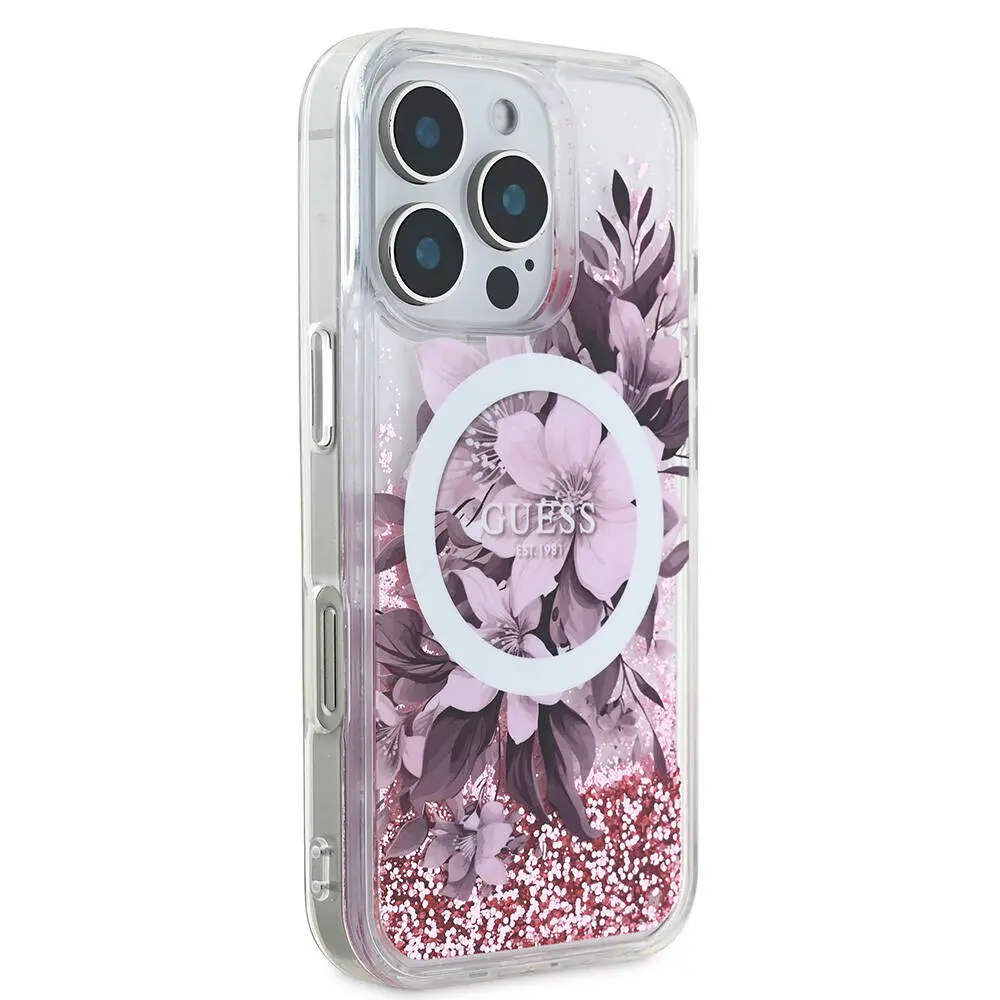 iPhone 16 Pro MagSafe Uyumlu Simli Çiçek Desenli Kılıf - Guess