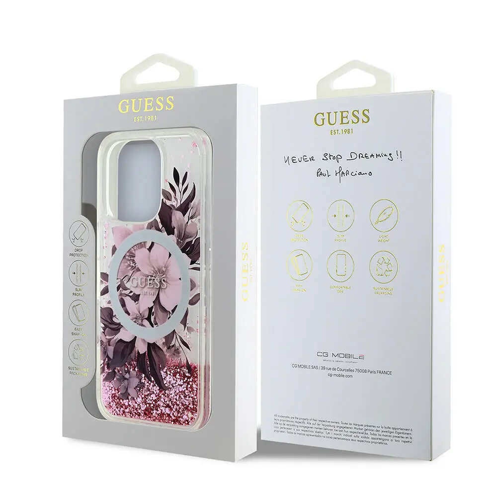 iPhone 16 Pro MagSafe Uyumlu Simli Çiçek Desenli Kılıf - Guess