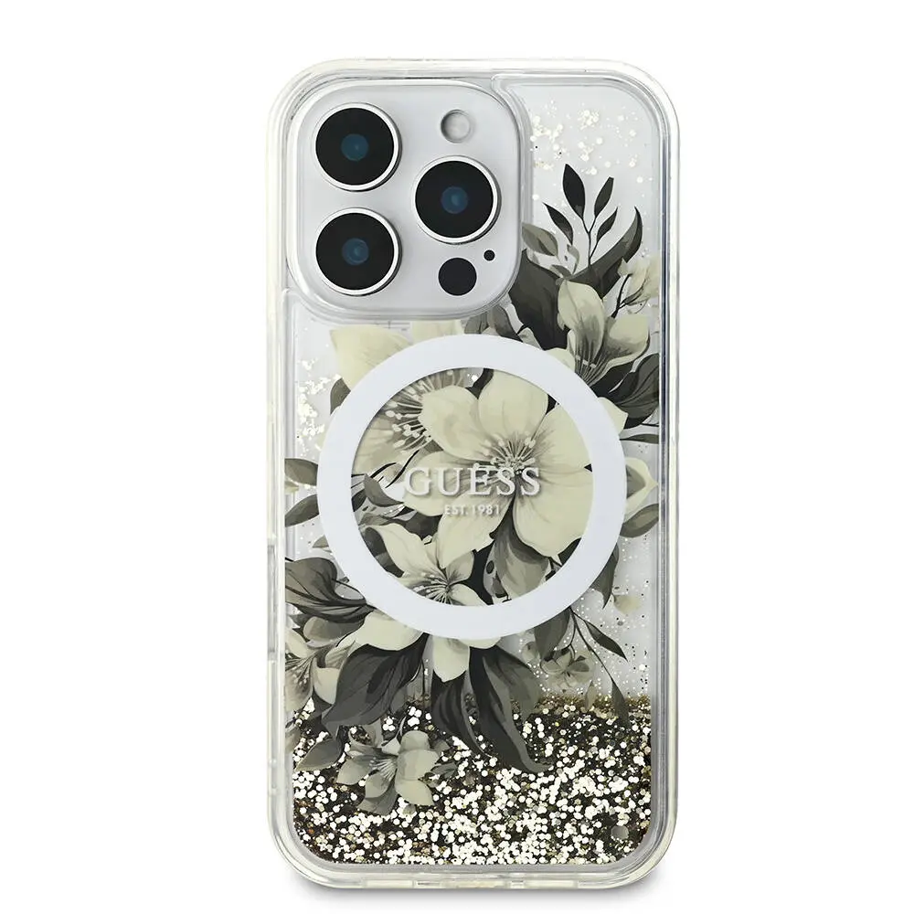 iPhone 16 Pro MagSafe Uyumlu Simli Çiçek Desenli Kılıf - Guess