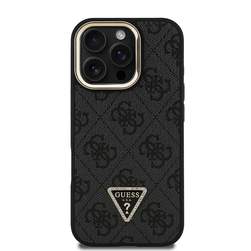 iPhone 16 Pro Kamera Standlı Taşlı Kılıf - Guess Lisanslı PU Deri