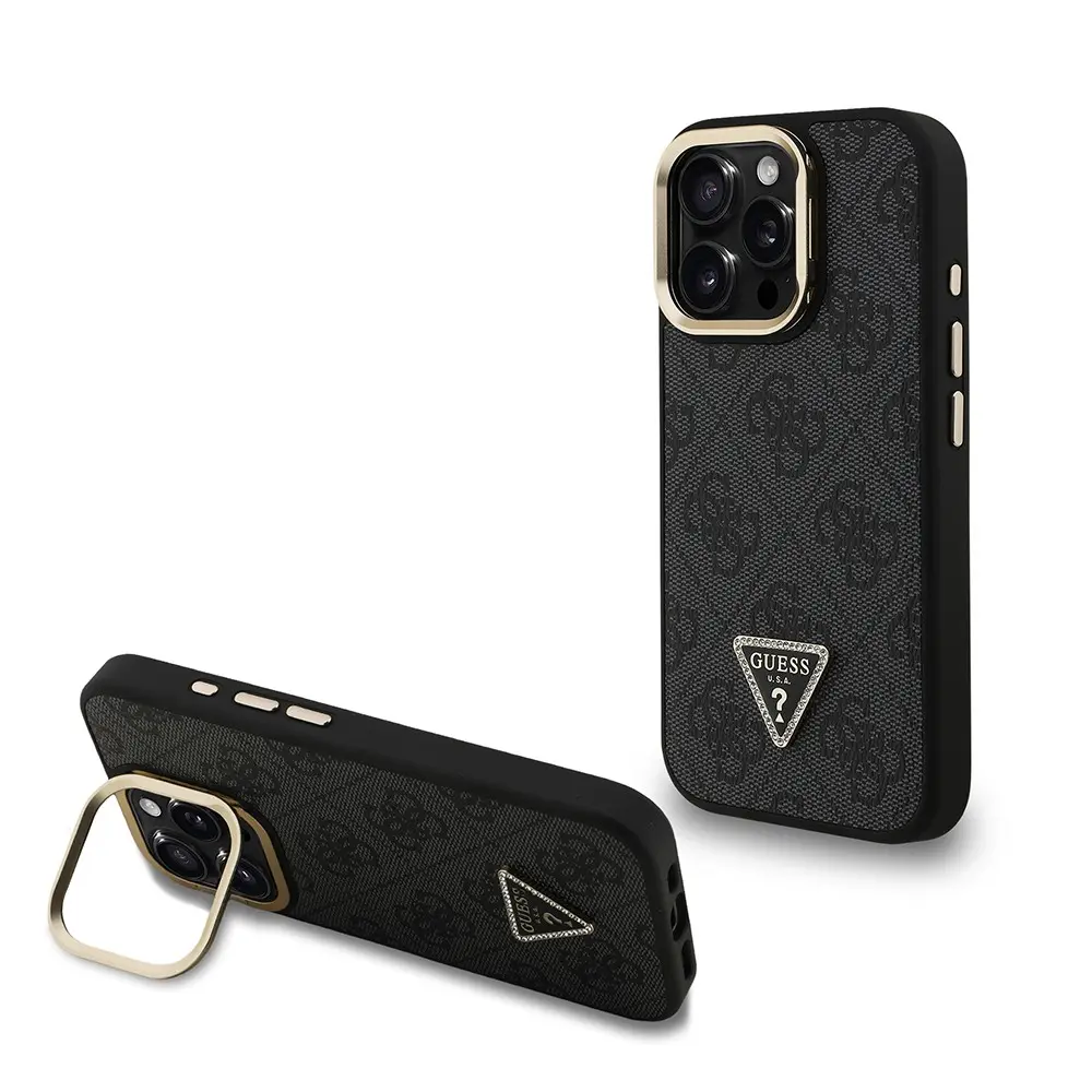 iPhone 16 Pro Kamera Standlı Taşlı Kılıf - Guess Lisanslı PU Deri