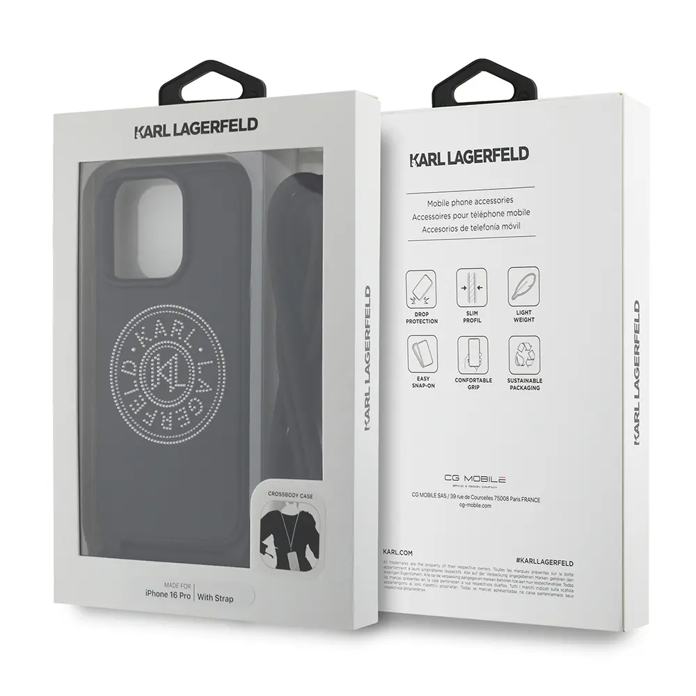 iPhone 16 Pro Askı İpli Taşlı Kılıf - Karl Lagerfeld Crossbody Cord