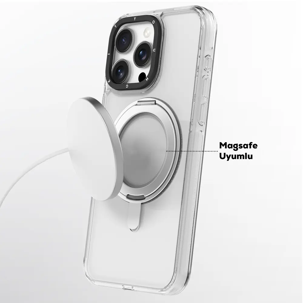 iPhone 16 Pro MagSafe Uyumlu Şeffaf Kılıf, 360° Parmak Ring Standlı - Youngkit Pivot
