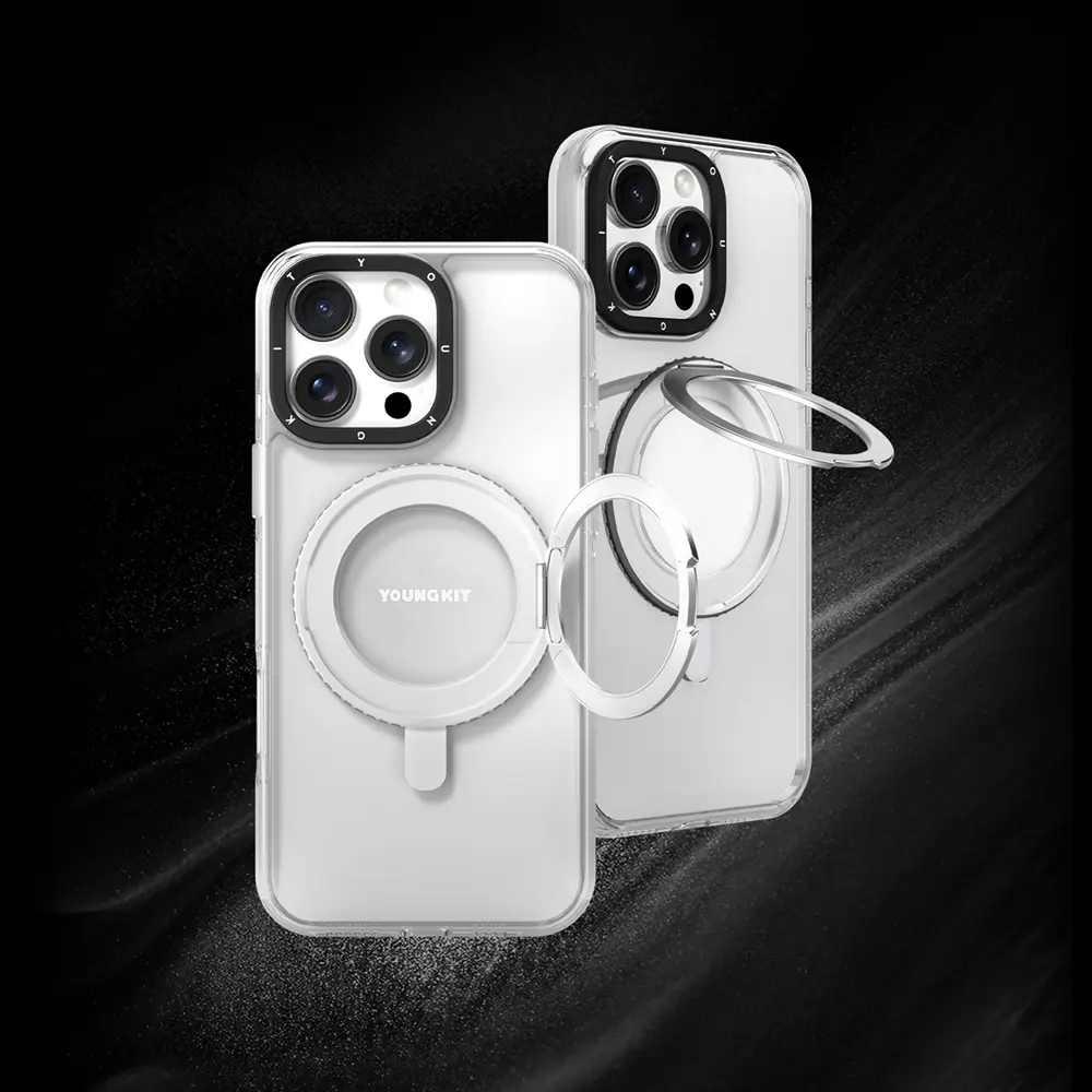 iPhone 16 Pro MagSafe Uyumlu Şeffaf Kılıf, 360° Parmak Ring Standlı - Youngkit Pivot