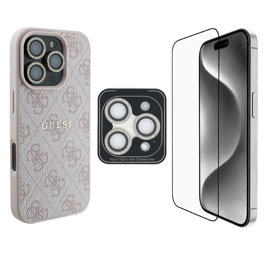 iPhone 16 Pro Max 3'ü 1 Arada Kılıf, Ekran ve Lens Koruyucu Seti - Guess