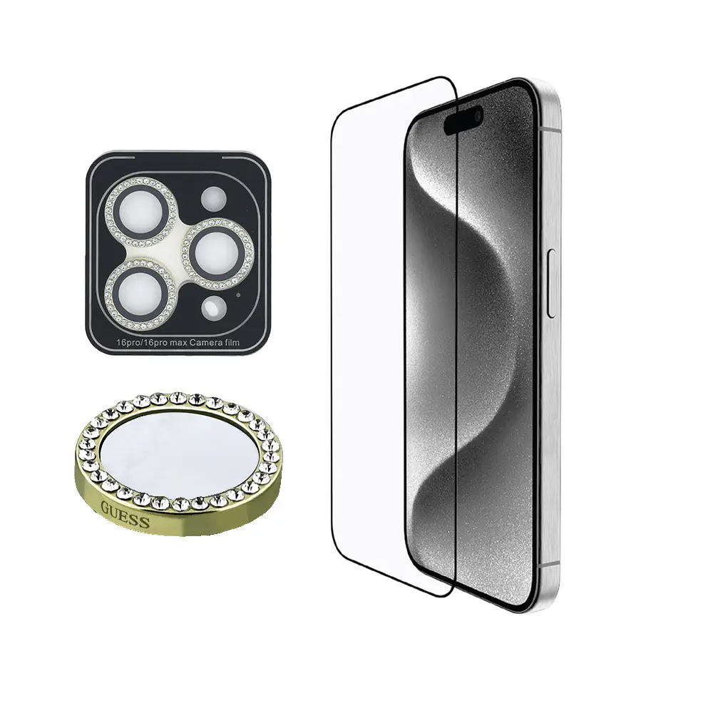 iPhone 16 Pro Max Ekran ve Lens Koruyucu Seti - Guess Rhinestone