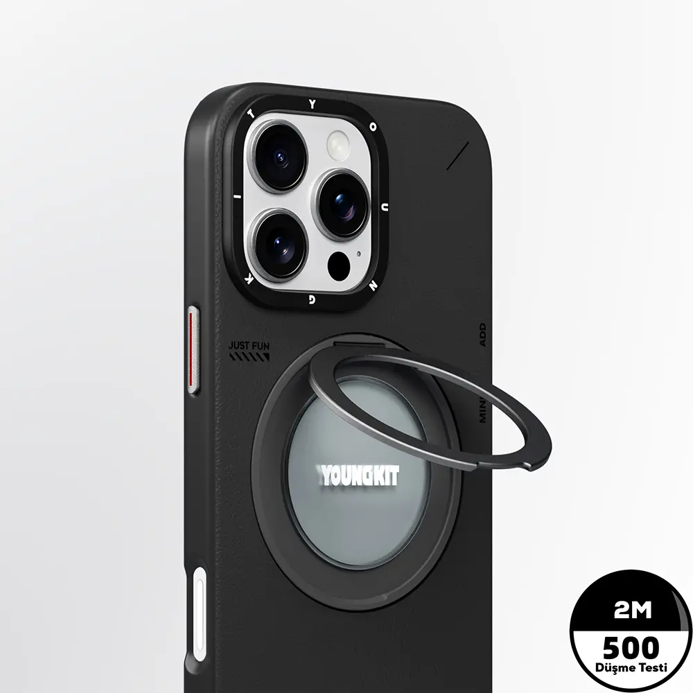 iPhone 16 Pro Max MagSafe Uyumlu 360° Standlı Mat Deri Kılıf - Youngkit Tech Leather