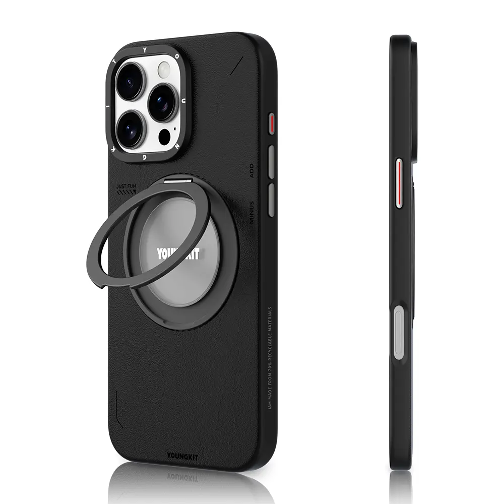 iPhone 16 Pro Max MagSafe Uyumlu 360° Standlı Mat Deri Kılıf - Youngkit Tech Leather