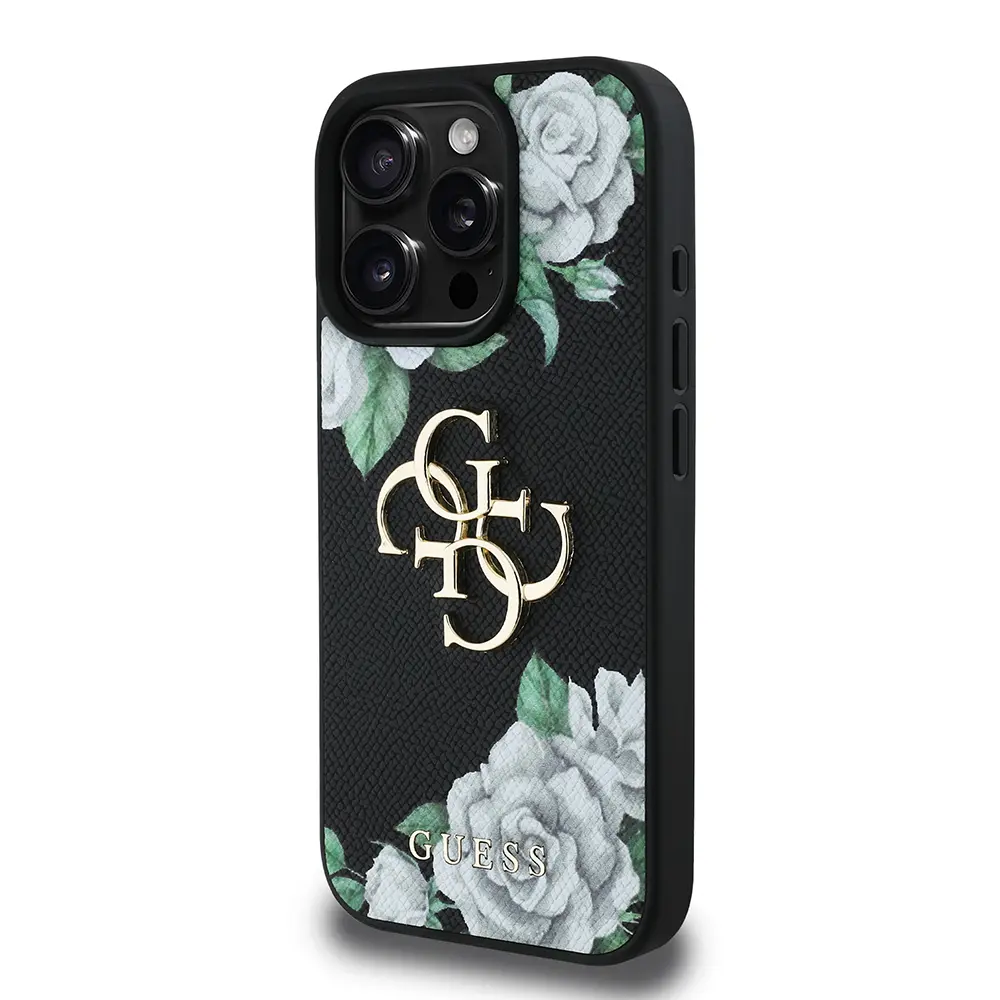 iPhone 16 Pro Max Gül Baskılı Metal Logo Kılıf - Guess Lisanslı