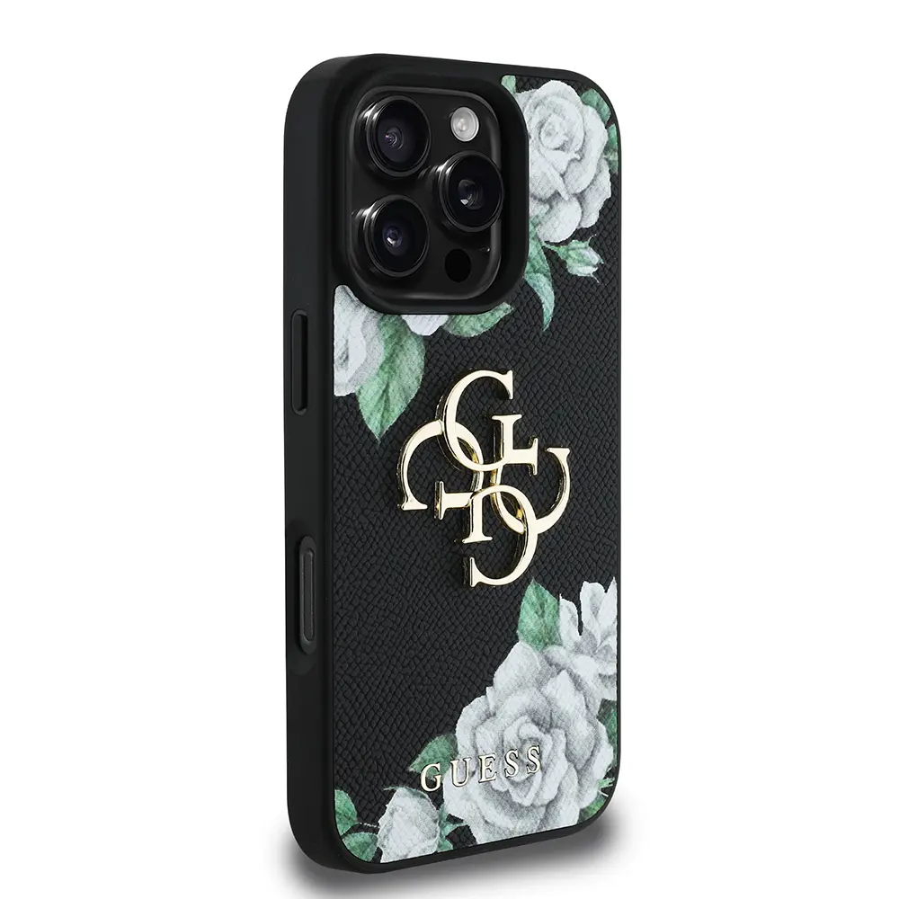 iPhone 16 Pro Max Gül Baskılı Metal Logo Kılıf - Guess Lisanslı