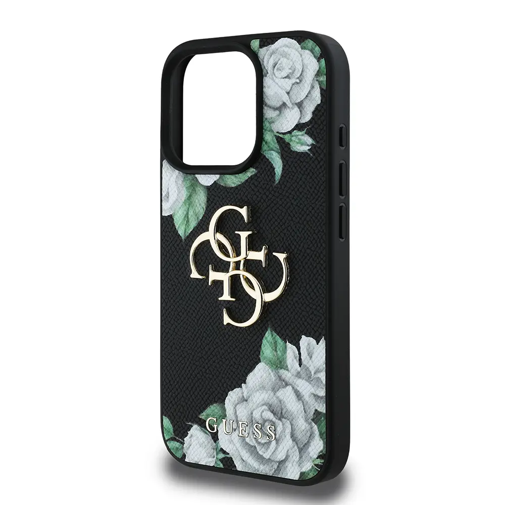 iPhone 16 Pro Max Gül Baskılı Metal Logo Kılıf - Guess Lisanslı