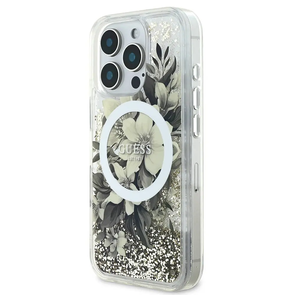 iPhone 16 Pro Max MagSafe Uyumlu Simli Çiçek Desenli Kılıf - Guess