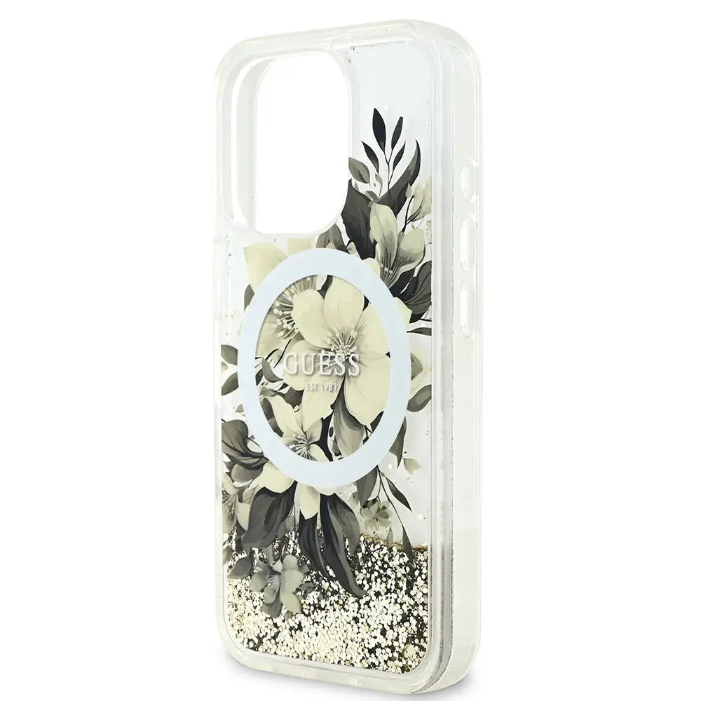 iPhone 16 Pro Max MagSafe Uyumlu Simli Çiçek Desenli Kılıf - Guess