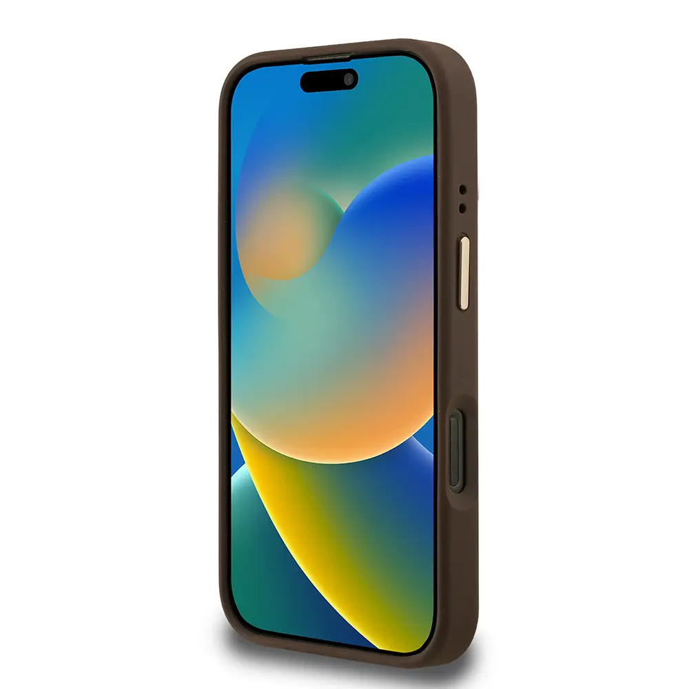 iPhone 16 Pro Max Kamera Standlı PU Deri Kılıf - Guess 4G Taşlı Üçgen Logo