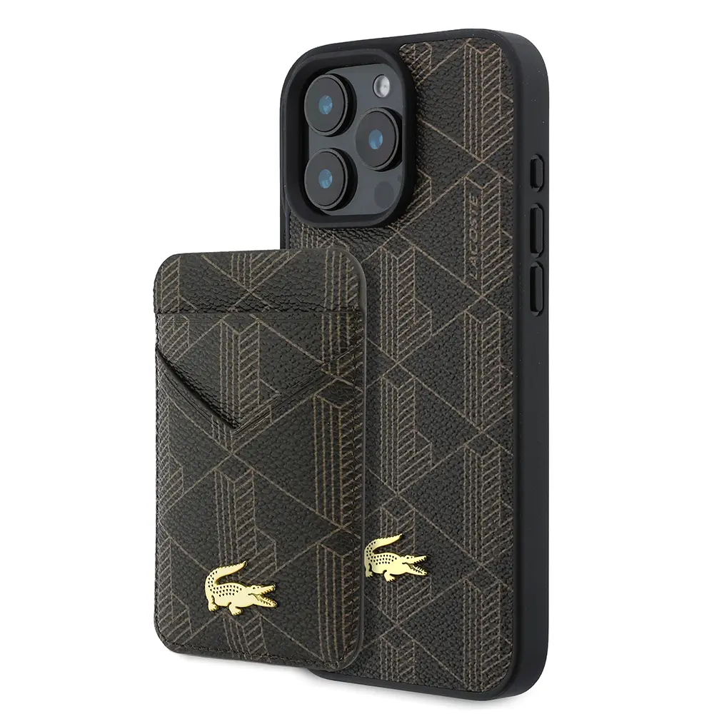 Apple iPhone 16 Pro Max Kılıf Lacoste Orjinal Lisanslı M-safe Şarj Özellikli PU Deri Tasarımlı Kartlıklı Karışık Monogram Desenli Kapak