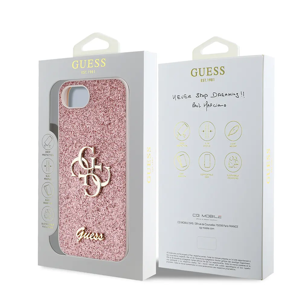 iPhone 16e Uyumlu Guess Lisanslı Glitter Kılıf, Büyük Metal Logo
